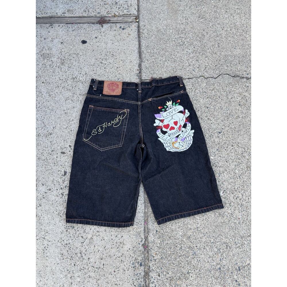 Vintage Ed Hardy Denim Shorts Size 38 Black Skull